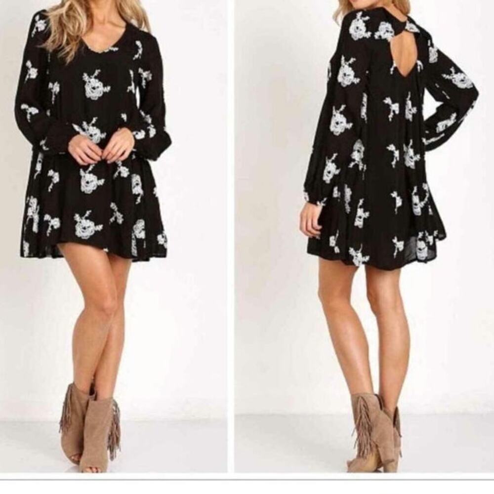 Free People Emma Print Black + White Embroidered Long Sleeve Mini Dress Size S
